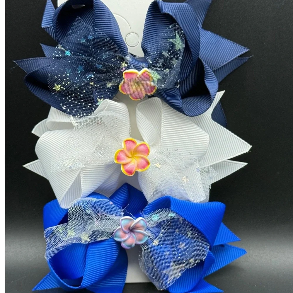 3pc Girls Hair Bow‎ Clips Grosgrain Ribbon Tulle Glitter Blue White